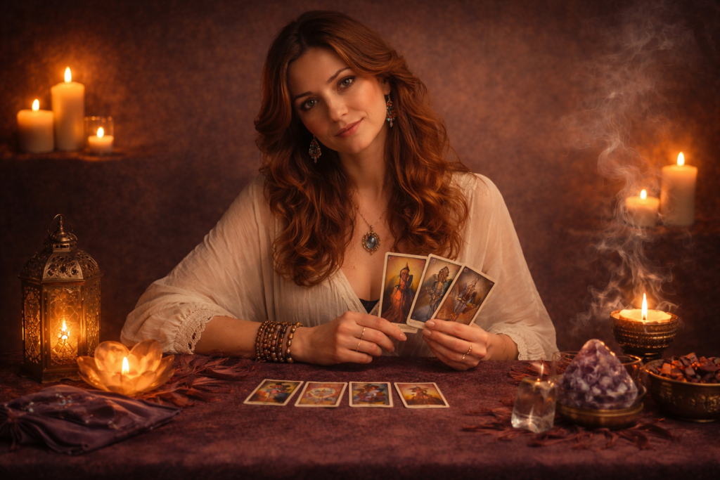 Silvia tarotista experta en decisiones realizando lectura de tarot para claridad y elección de caminos con velas